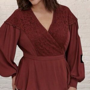 Torrid boho madder brown Wrap Blouse with lace inset Size 5X